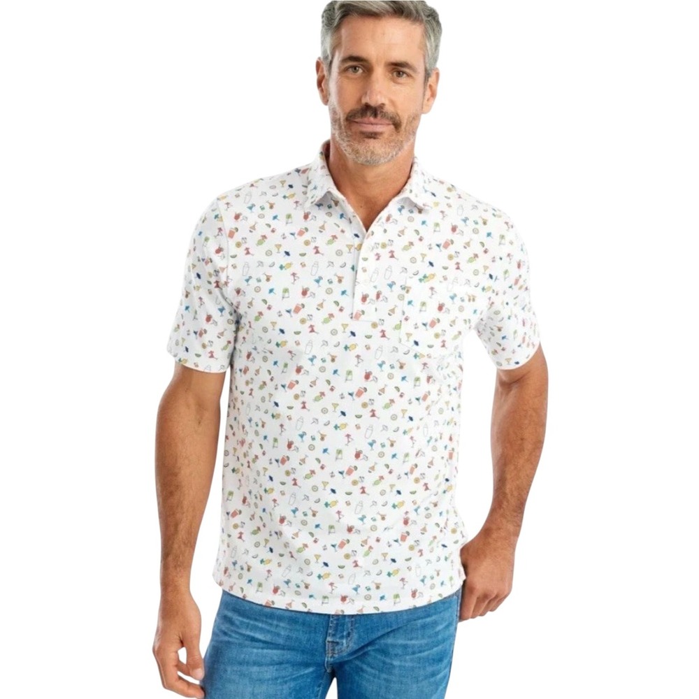 Johnnie-O Hangin Out Mens Mai Tai Cocktail Print Polo Shirt Large Short Sleeve